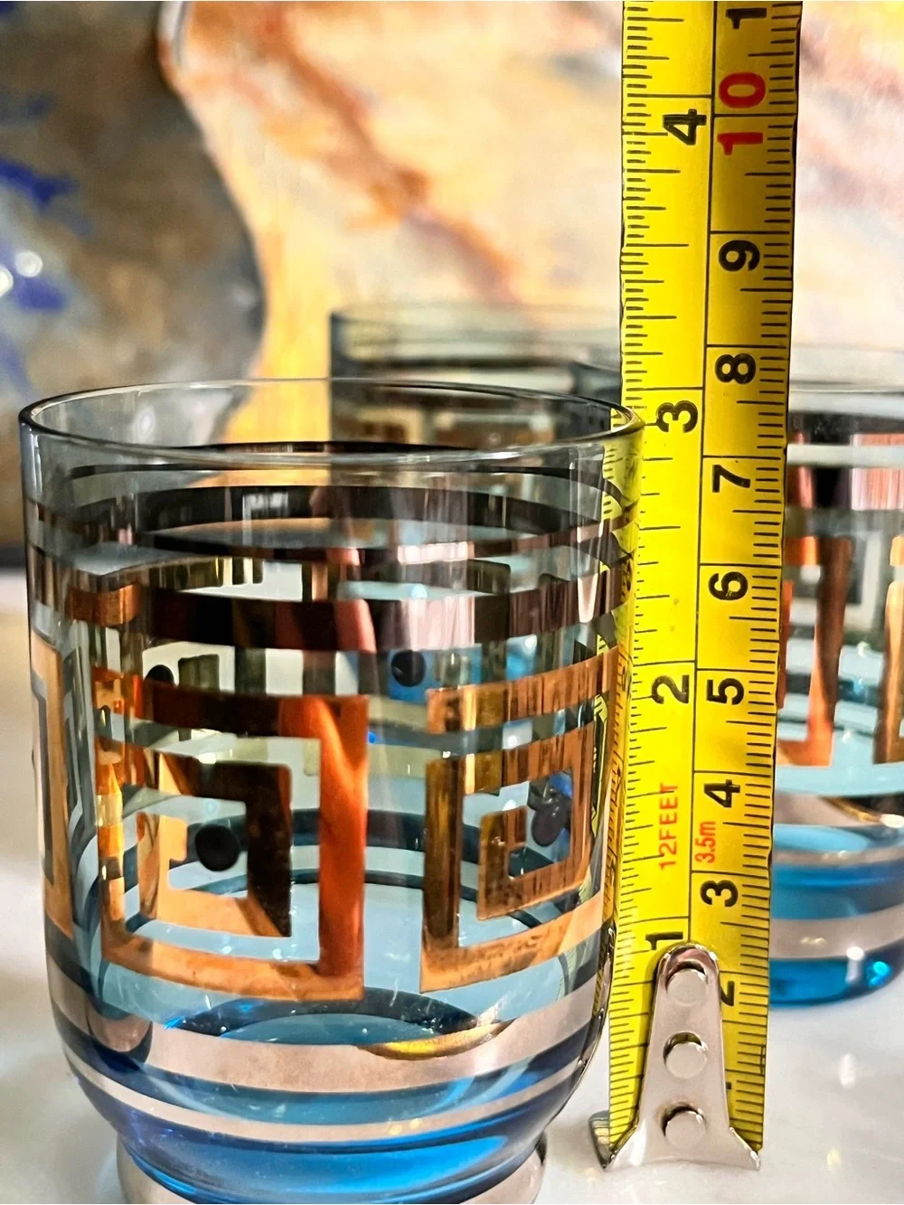 MCM style footed cocktail glasses (4) blue gold silver barware retro Greek key